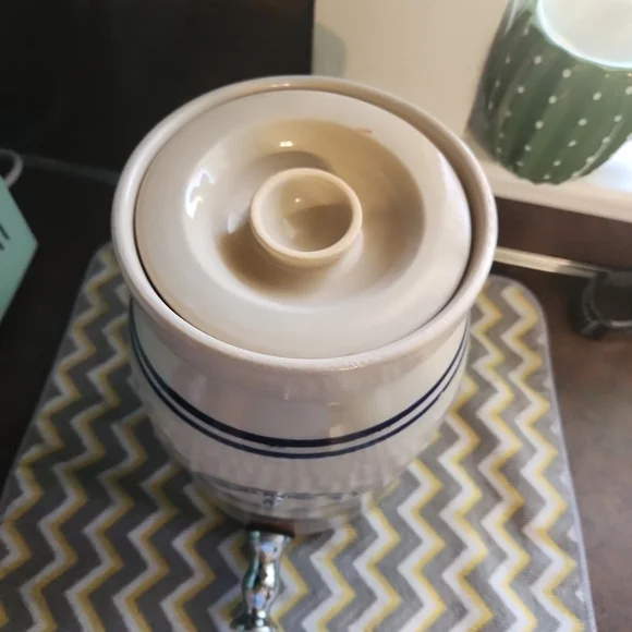 Stoneware Beverage Dispenser - Cream with Blue Stripes - Picture 3 of 7